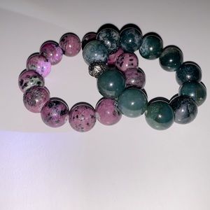 Set of 2 Gemstone Beaded Bracelets! Rhodonite (1) & Moss Agate (1) in 12mm Size!